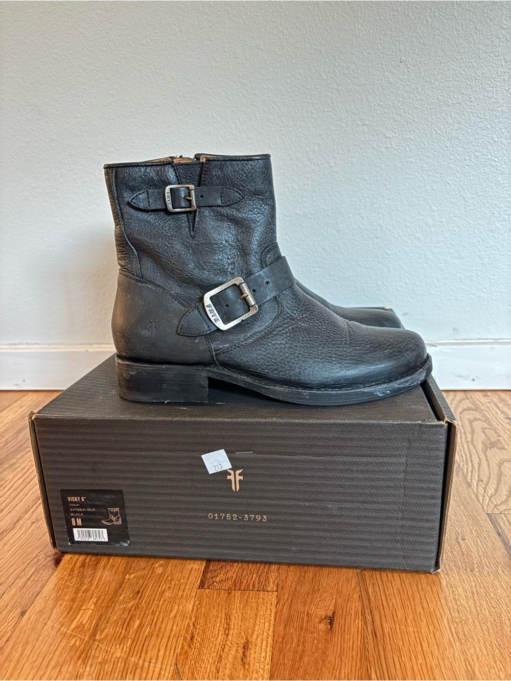 Frye Black Leather Double-Buckle Boots
